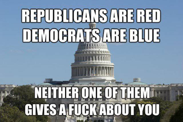Republicans are red. Democrats are blue.