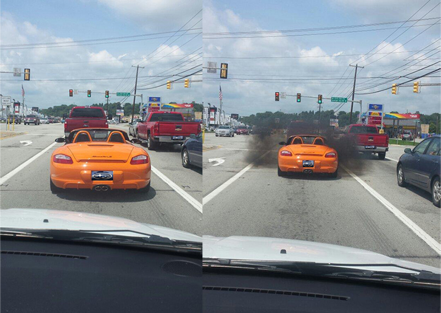 Rumor has it this guy in the Porsche was driving like an idiot. He soon learned what rolling coal is.