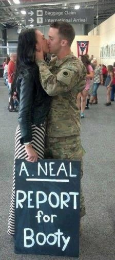 Soldier returns from duty and is greeted with the best welcome home sign ever.