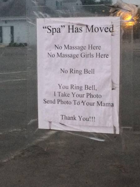 'Spa' has moved. No massage here. No ring bell.