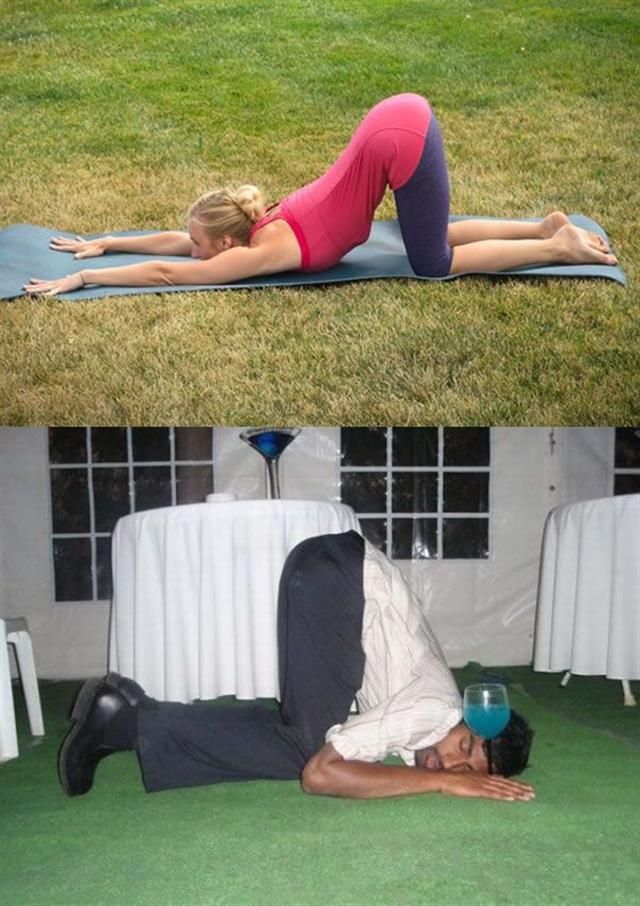 One woman performing Yoga and one man passed out drunk look very much alike.
