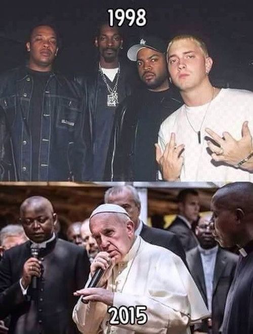 Then and now featuring Dr. Dre, Snoop Dogg, Ice Cube, and Eminem.