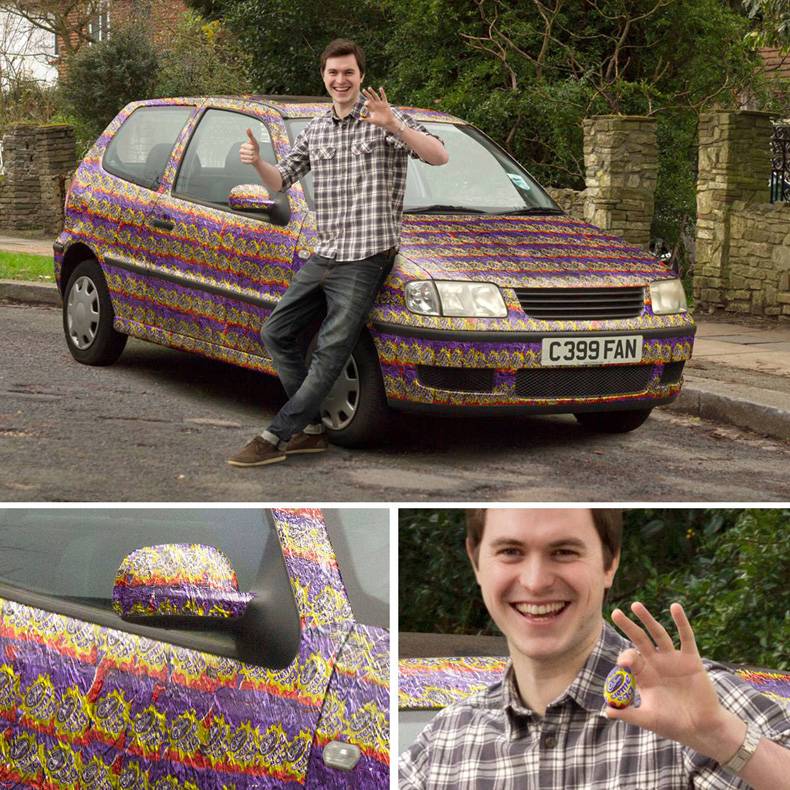 This guy is such a fan of Cadbury Creme Eggs he covered his car in the wrappers. 