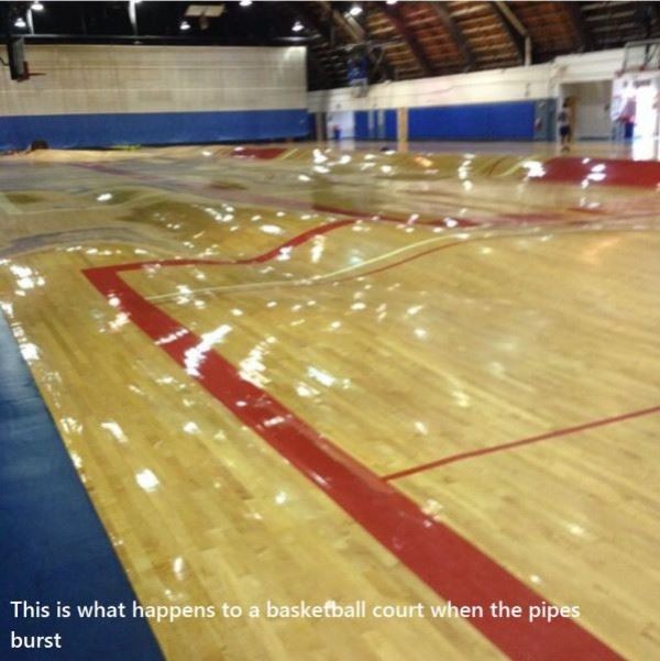 This Is What a Basketball Court Looks Like When The Under Ground Pipes Burst.