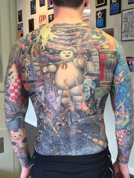 Totally awesome full back tattoo of the Stay Puft Marshmallow Man from the movie Ghostbusters.