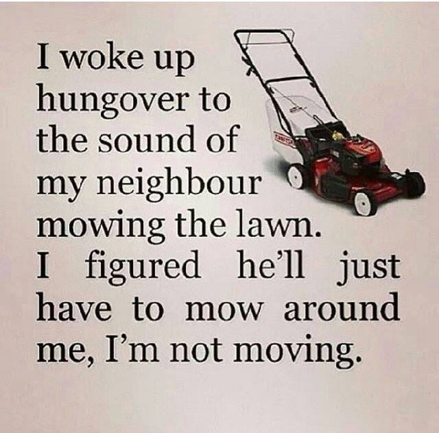 I woke up hungover to the sound of my neighbor mowing the lawn.