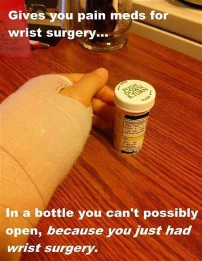 Wrist surgery and pain medication.