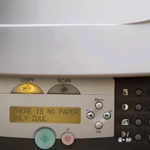 Zuul the Gatekeeper of Gozer from the movie Ghostbusters has taken control of this printer.